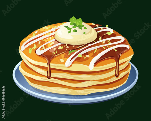Fluffy pancakes with a dollop of cream and chocolate drizzle for a decadent and sweet morning meal - Vector Illustration