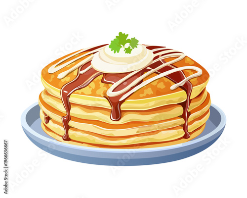 classic stack of pancakes with syrup and a touch of cream for a simple and delicious breakfast - Vector Illustration