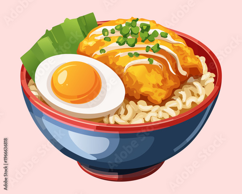 Savory katsudon rice bowl with a perfectly cooked egg and fresh garnish for an authentic meal - Vector Illustration