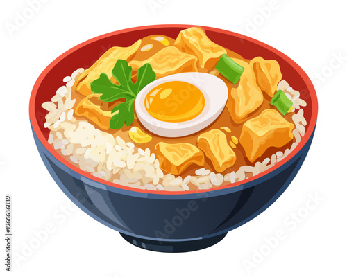 Rice bowl topped with crispy fried chicken and a soft boiled egg for a tasty lunch - Vector Illustration