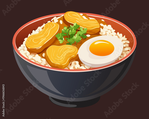 Hearty bowl of rice with fried cutlet and two boiled eggs for a high protein meal - Vector Illustration