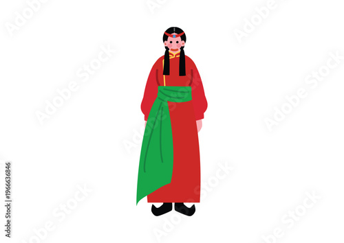 モンゴルの伝統的な民族衣装を着た女性のイラスト