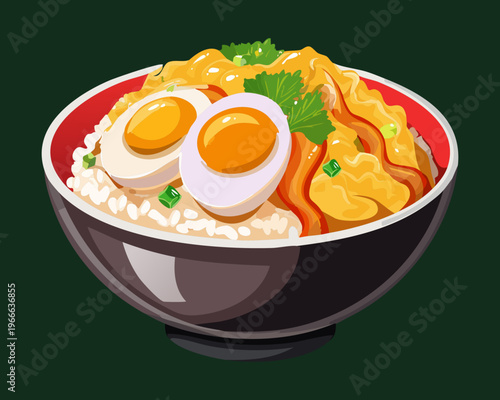Rice bowl topped with katsu and two soft boiled eggs for a hearty and satisfying meal - Vector Illustration