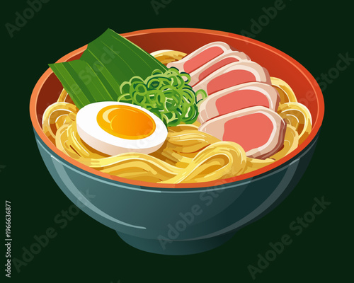 Warm bowl of ramen noodles with sliced meat and soft boiled eggs for a comforting meal - Vector Illustration