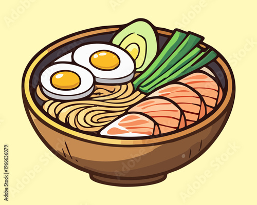 Healthy noodle bowl with sliced salmon and eggs served with fresh vegetables for a nutritious meal - Vector Illustration
