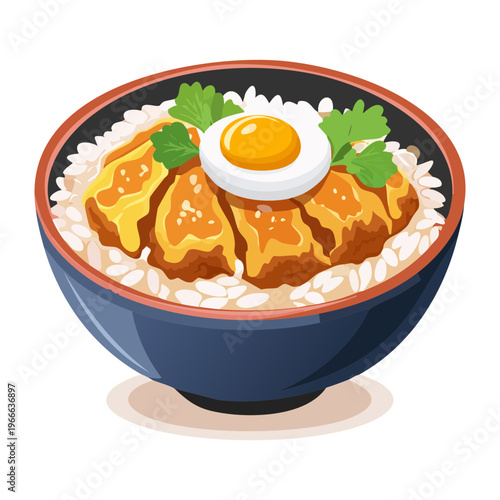 Savory rice bowl with fried katsu and a soft boiled egg for a delicious Japanese dinner - Vector Illustration
