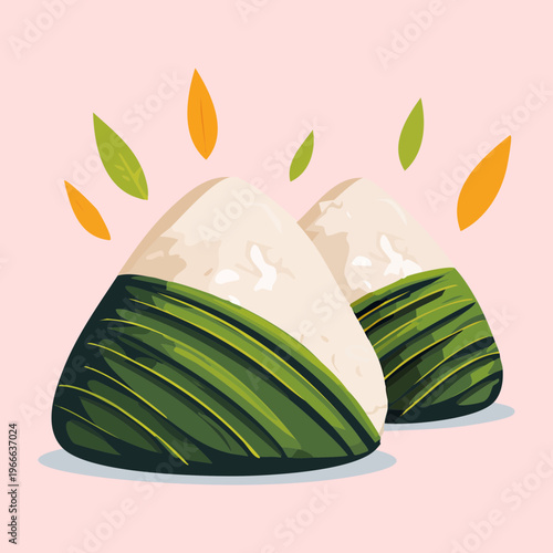 Pair of triangular onigiri rice balls wrapped in bamboo leaves for a simple healthy snack - Vector Illustration