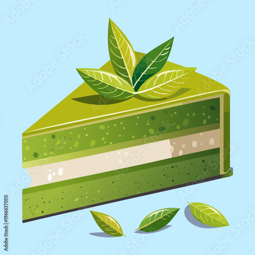 Slice of green tea cake with creamy layers and fresh mint garnish for a dessert - Vector Illustration