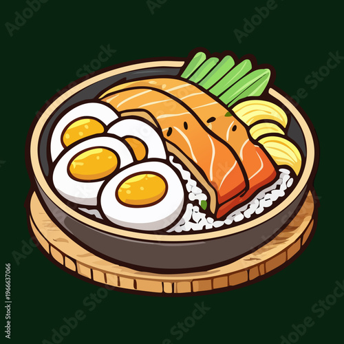Noodle bowl topped with sliced salmon and eggs for a healthy and nutritious seafood dish - Vector Illustration