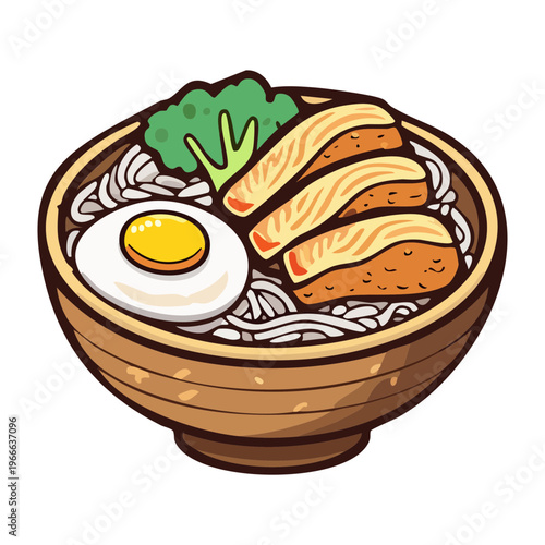 Asian noodle bowl with sliced meat and eggs for a flavorful and filling meal choice - Vector Illustration