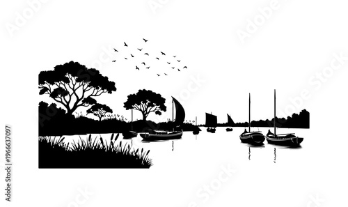 Silhouette Lakeside Scene with Boats and Birds