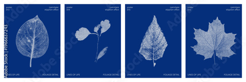 Set of cyanotype stipples effect poster with a nature graphic shape. Vector stipple leaves element in retro print style. Design templates for card, social media, banner, cover
