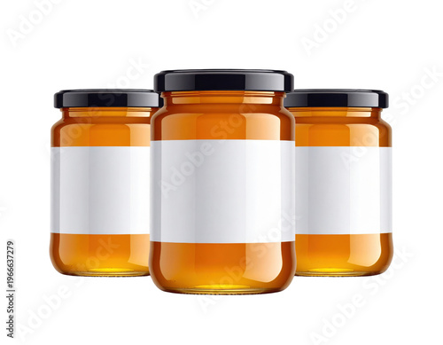 Three glass jars of honey with blank white labels and black lids