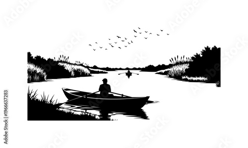 Serene Silhouette of a Person Rowing on a Calm Lake