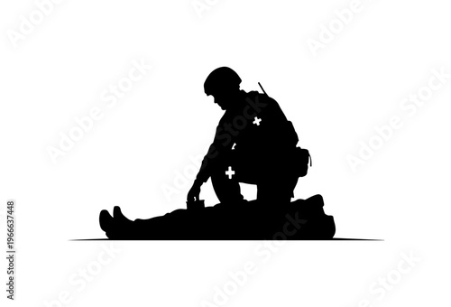 Military Medic Assisting Injured Soldier Silhouette