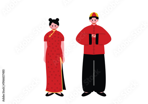 中国の伝統的な民族衣装を着た男女のイラスト