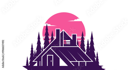Cabin silhouette against a purple sunset with evergreen trees illustration