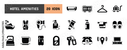 20 Hotel Amenities Glyph Icon Illustration Set