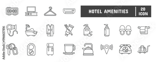 20 Hotel Amenities Line Icon Illustration Set