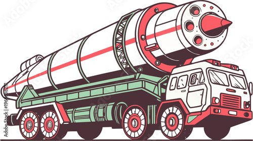 Military vehicle with camouflage pattern and missile launcher isolated on transparent background for strategic defense concept illustration.