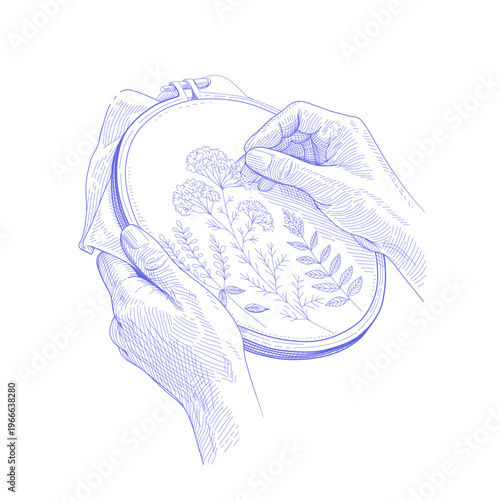 Hand embroidery process in hoop with botanical pattern. Vintage engraving illustration of needlework craft with detailed hatching. Handmade stitching artwork inspired by classic etching style