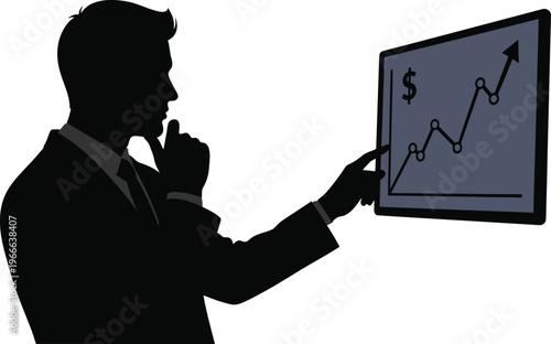 Businessman silhouette analyzing stock market growth chart on digital screen, financial investor tracking profit increase, professional trader vector