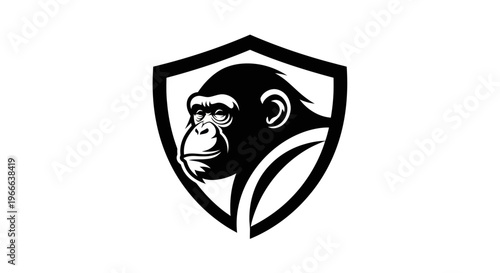 Chimpanzee head silhouette inside shield vector graphic for design