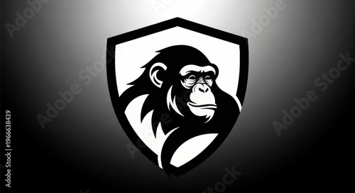 Chimpanzee emblem in shield design monochrome illustration for various uses