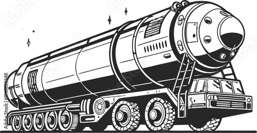 Military camouflage truck with mounted missile launcher isolated on transparent background, representing modern tactical defense vehicle.