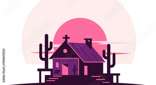 Desert church illustration under purple sunset vector graphic concept