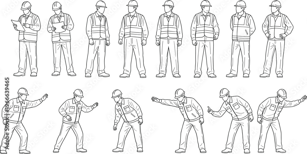 Fototapeta premium Line drawing illustration of construction workers in safety helmets and vests showing standing poses, hand signals and workplace gestures