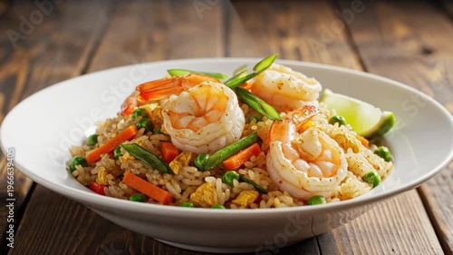 Shrimp Fried Rice with Vegetables and Garnish in a White Bowl