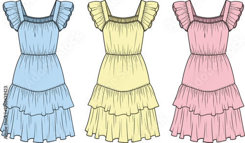 Fashionable sleeveless ruffle strap tiered dresses in pastel blue, yellow, and pink colors for stylish summer women’s clothing collection