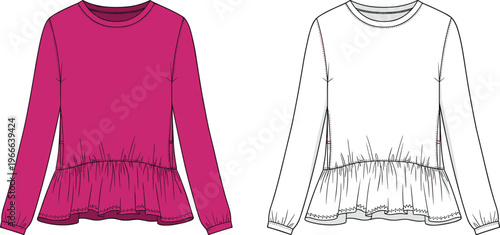 Fashion illustration and technical flat sketch of women’s long-sleeved peplum top with round neckline, gathered cuffs and flared hem design