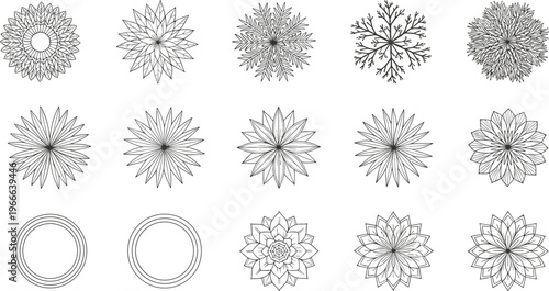 Intricate geometric and floral mandala-style line designs with symmetrical patterns, circular motifs and decorative ornamental elements