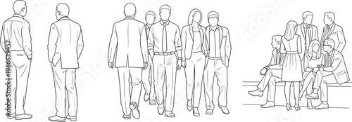 Line drawing illustration of business professionals in workplace settings including conversation, walking group and seated team discussion