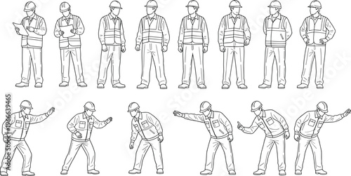 Line drawing illustration of construction workers in safety helmets and vests showing standing poses, hand signals and workplace gestures