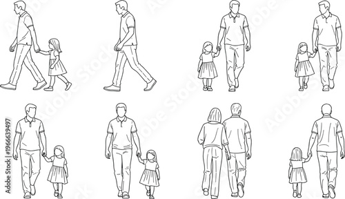 Line drawing illustration of man and young girl walking together with multiple perspectives showing family bonding and companionship