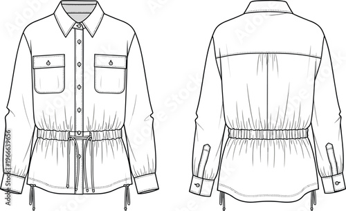 Technical fashion flat sketch of a long sleeve shirt with collar, chest pockets, elastic waist drawstring and cuffed sleeves, front and back view.