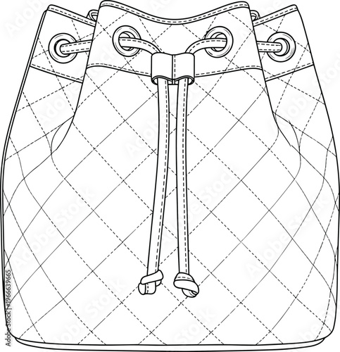 Technical fashion flat sketch of a quilted bucket bag with drawstring closure and grommets, vector line art illustration on white background