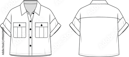 Technical fashion flat sketch of a short sleeve button down shirt with flap pockets and rolled cuffs, front and back vector view.