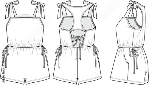 Technical fashion flat sketch of a women's romper with bow straps, open back lacing, and side ties, front back and side view.