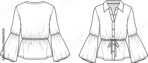 Technical fashion flat sketch of blouse with collar, button front, bell sleeves, drawstring waist and peplum detail, front and back vector view