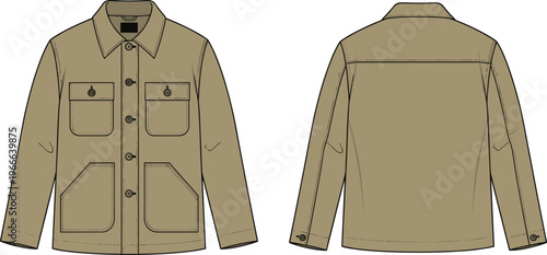 Technical fashion flat sketch of button-up jacket with pointed collar, chest flap pockets, patch pockets, cuffed sleeves and back seam