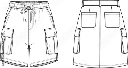 Technical fashion flat sketch of cargo shorts with elastic waist and drawstring, and a utility skirt with belt loops, vector line art.