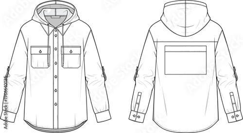 Technical fashion flat sketch of hooded shirt jacket with button-up front, drawstring hood, chest pockets, sleeve tabs and back patch detail