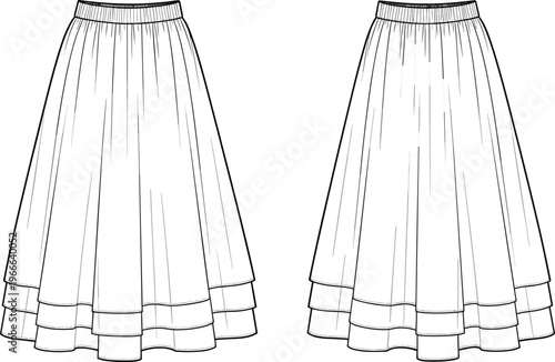Technical fashion flat sketch of long flared skirt with gathered waistband, tiered layered design and garment construction details
