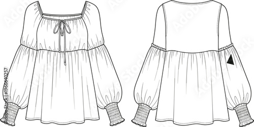 Technical fashion flat sketch of peasant blouse with square neckline, bishop sleeves, smocked cuffs and tiered peplum, front and back view