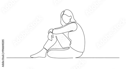 Sad Woman Sitting Alone, Minimalist Line Art, Depression Concept