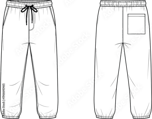 Technical Fashion Flat Sketch of Unisex Jogger Sweatpants with Elastic Cuffs Drawstring Waist and Back Patch Pocket Vector Illustration Template